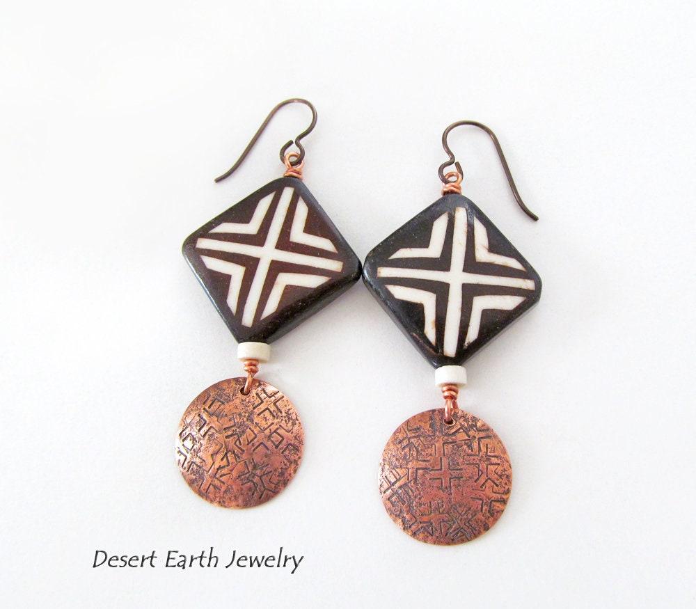 African Batik Bone Earrings with Hand Stamped Copper Dangles - Handmade Boho Hippie Tribal Jewelry