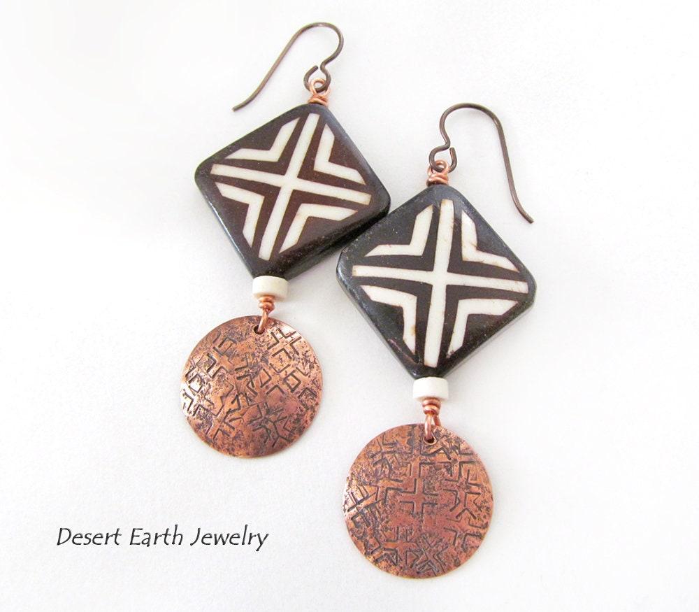 African Batik Bone Earrings with Hand Stamped Copper Dangles - Handmade Boho Hippie Tribal Jewelry