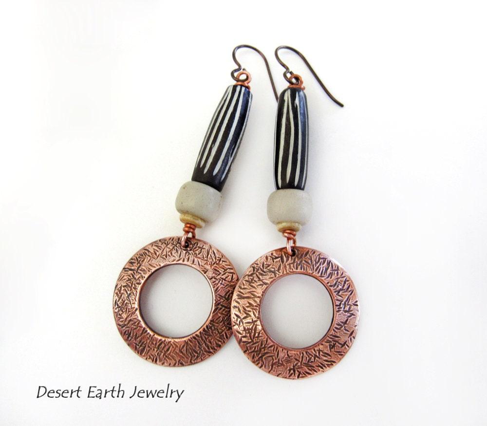 Copper Hoop Dangle Earrings with African Batik Bone Beads - Boho Hippie African Tribal Style Jewelry