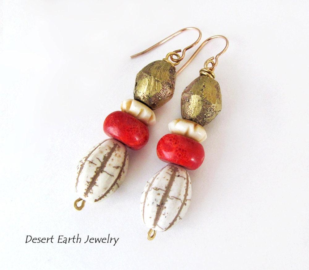 African Brass Tribal Earrings with Red Coral & Beige Magnesite Stones - Unique Boho Chic Tribal Jewelry