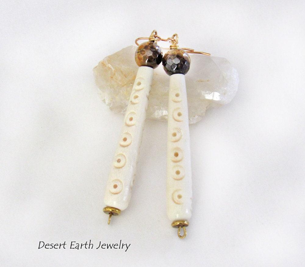 Long African Carved Bone Earrings with Faceted Brown Tiger's Eye Gemstones