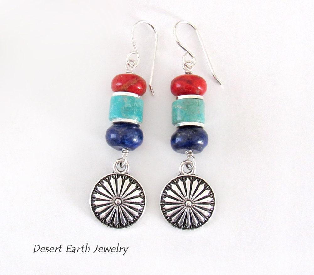 Colorful Boho Southwestern Silver Concho Earrings with Turquoise, Red Coral & Lapis Stones