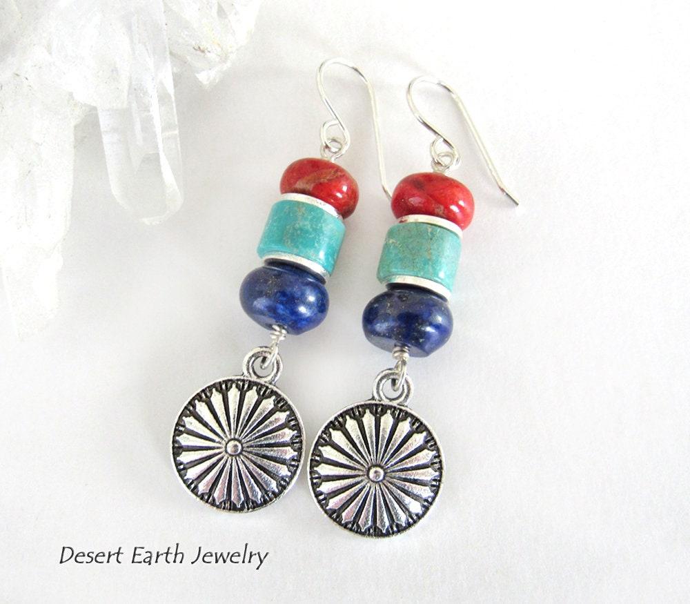 Colorful Boho Southwestern Silver Concho Earrings with Turquoise, Red Coral & Lapis Stones