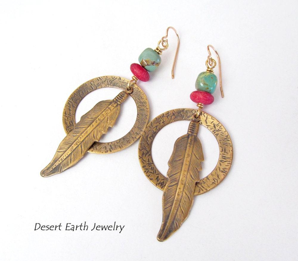 Long Brass Feather Hoop Earrings with Turquoise & Red Beads - Handmade Boho Southwest Jewelry