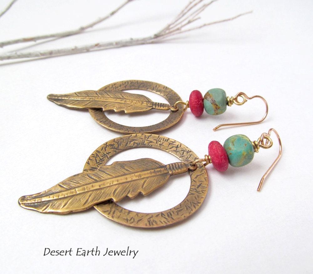 Long Brass Feather Hoop Earrings with Turquoise & Red Beads - Handmade Boho Southwest Jewelry