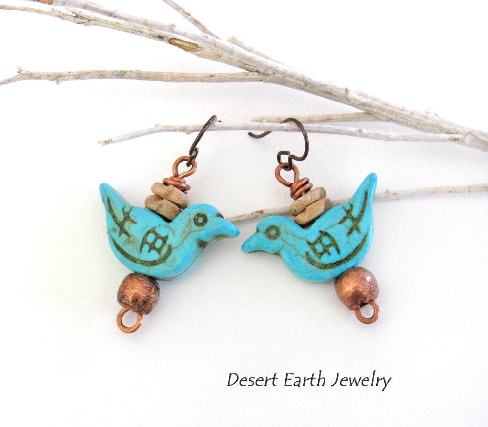 Blue Bird Earrings with Turquoise Magnesite & Copper Beads - Birdwatcher / Bird Lover Gifts