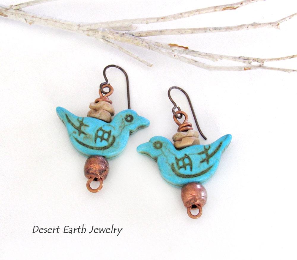 Blue Bird Earrings with Turquoise Magnesite & Copper Beads - Birdwatcher / Bird Lover Gifts