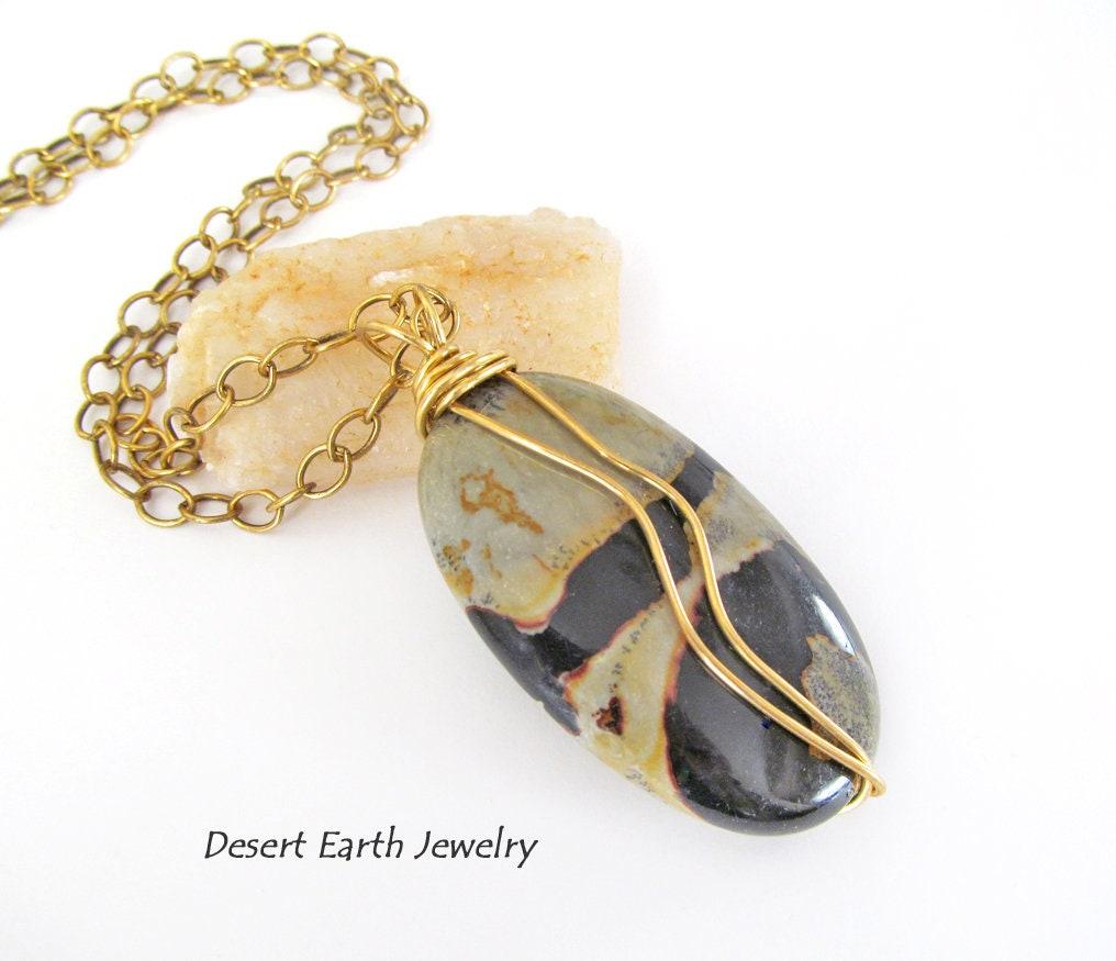 Wire Wrapped Picasso Jasper Pendant Necklace on Brass Chain - Earthy Natural Stone Jewelry