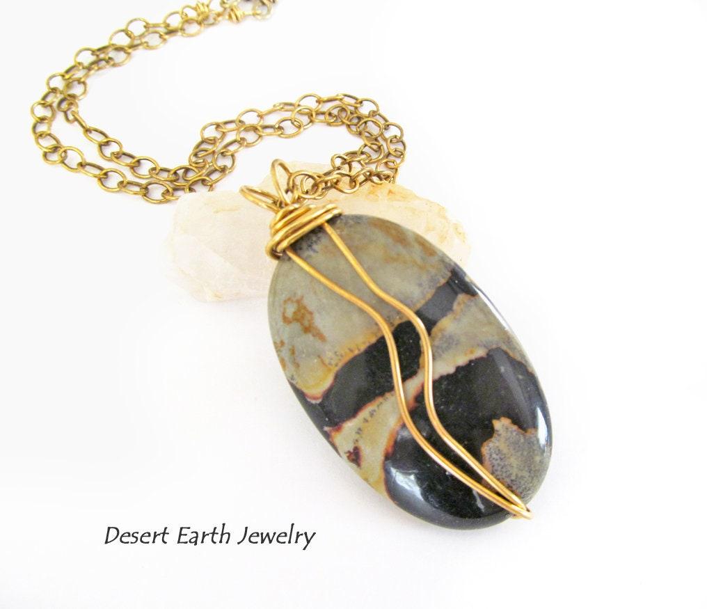 Wire Wrapped Picasso Jasper Pendant Necklace on Brass Chain - Earthy Natural Stone Jewelry