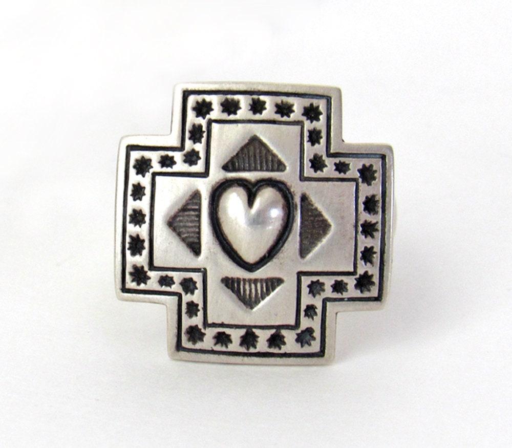 Sterling Silver Heart & Cross Ring - Southwest Style Jewelry - Spiritual Religious Christian Gifts for Her