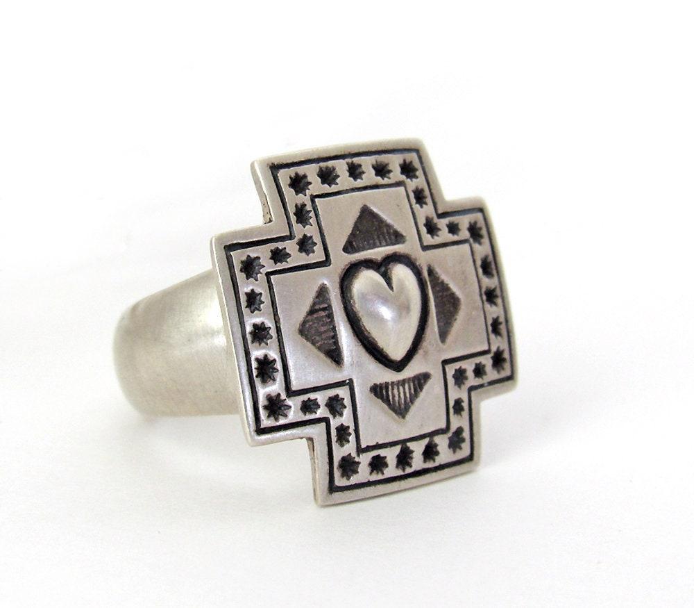 Sterling Silver Heart & Cross Ring - Southwest Style Jewelry - Spiritual Religious Christian Gifts for Her