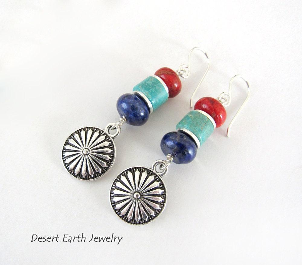 Colorful Boho Southwestern Silver Concho Earrings with Turquoise, Red Coral & Lapis Stones