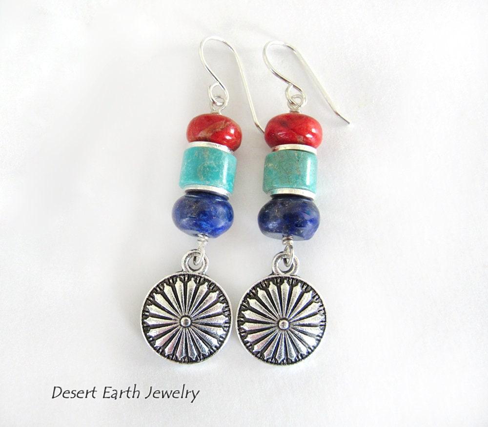 Colorful Boho Southwestern Silver Concho Earrings with Turquoise, Red Coral & Lapis Stones