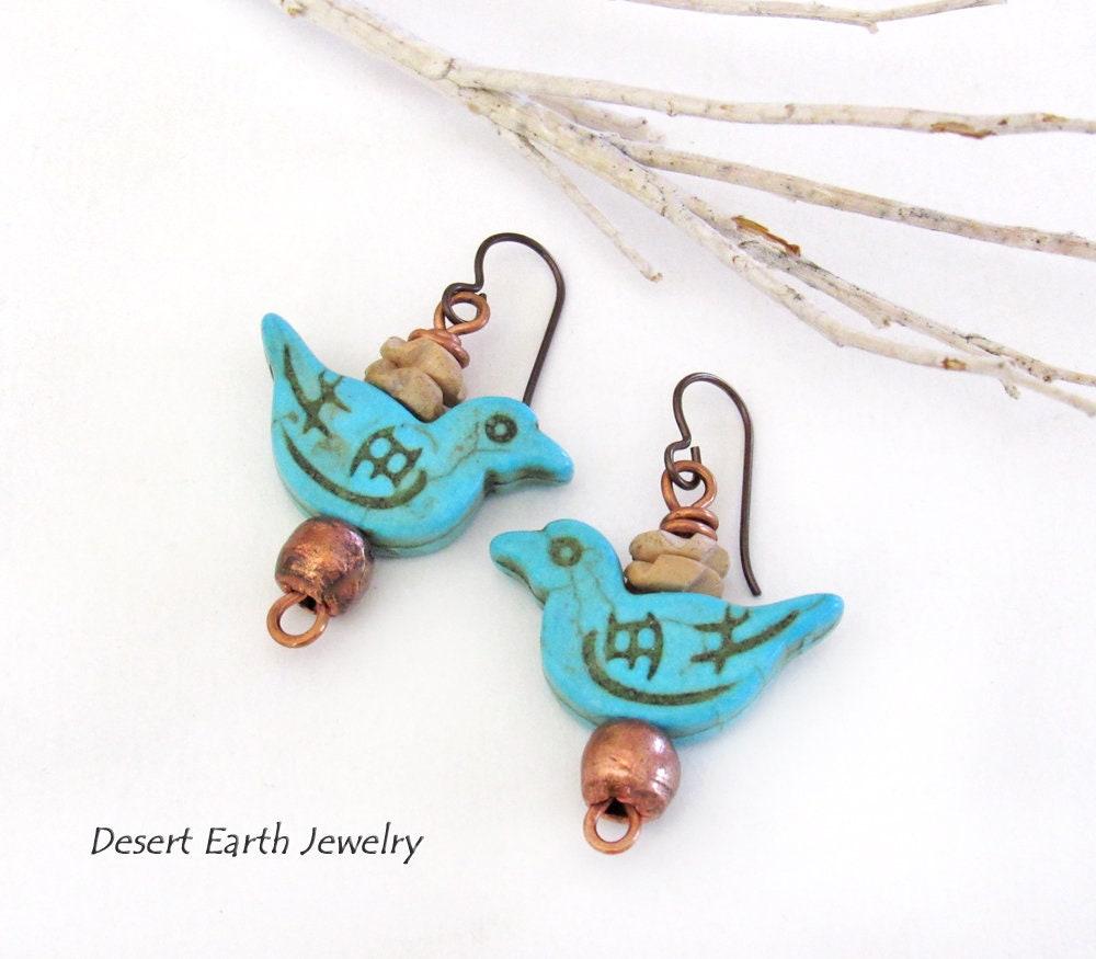 Blue Bird Earrings with Turquoise Magnesite & Copper Beads - Birdwatcher / Bird Lover Gifts