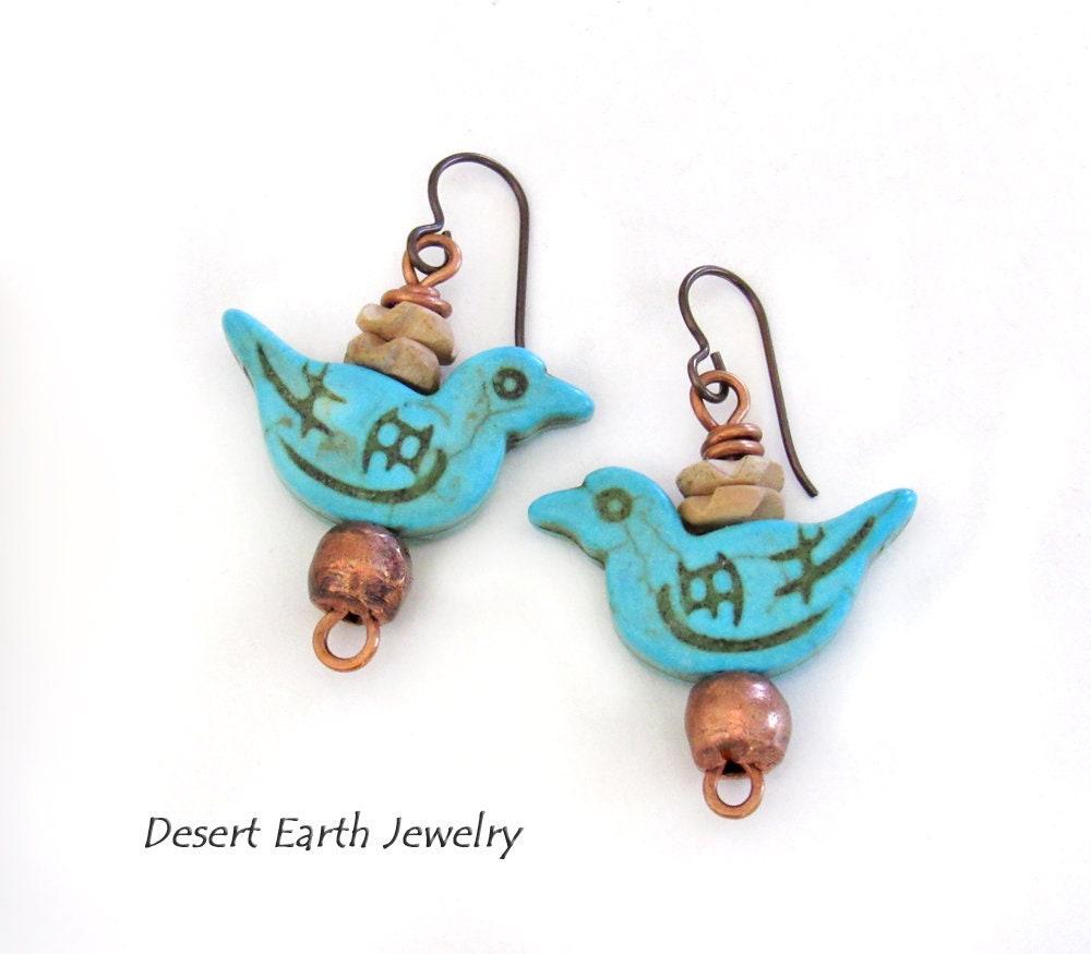 Blue Bird Earrings with Turquoise Magnesite & Copper Beads - Birdwatcher / Bird Lover Gifts