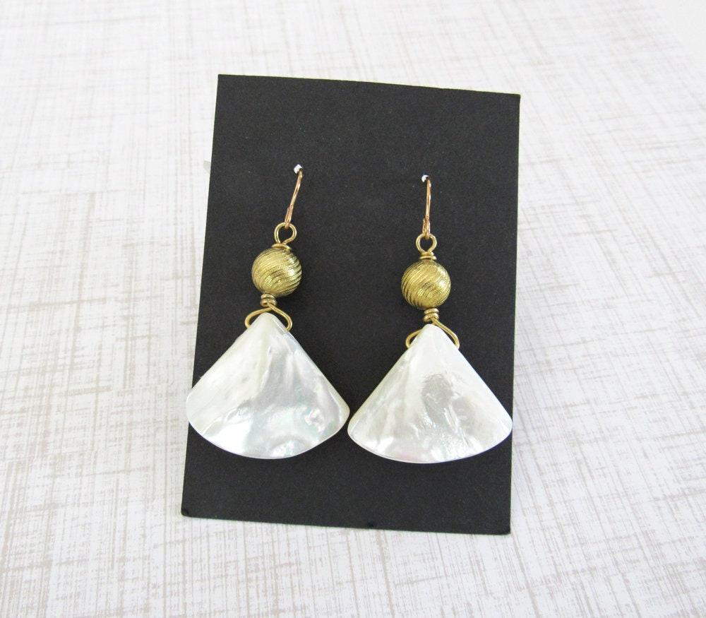Mother of Pearl Dangle Earrings with Gold Brass Beads - June Birthstone Jewelry