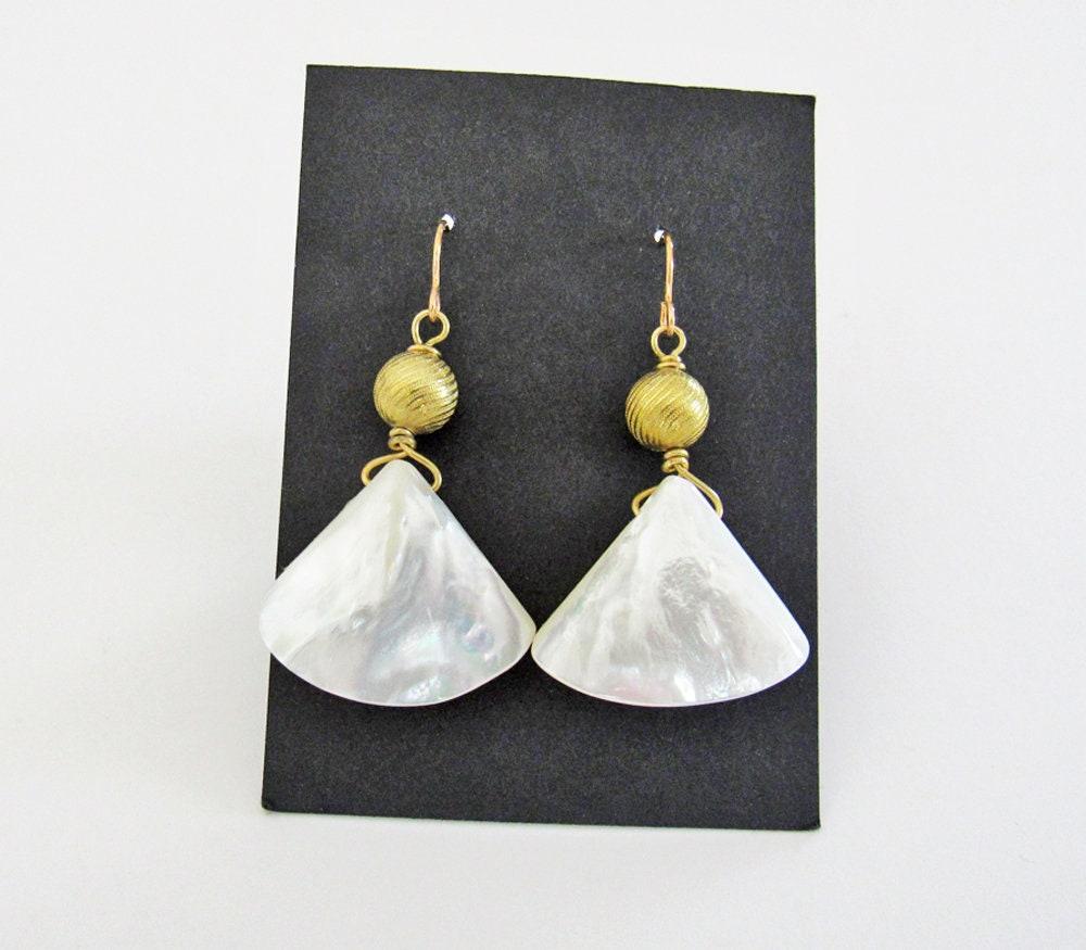 Mother of Pearl Dangle Earrings with Gold Brass Beads - June Birthstone Jewelry