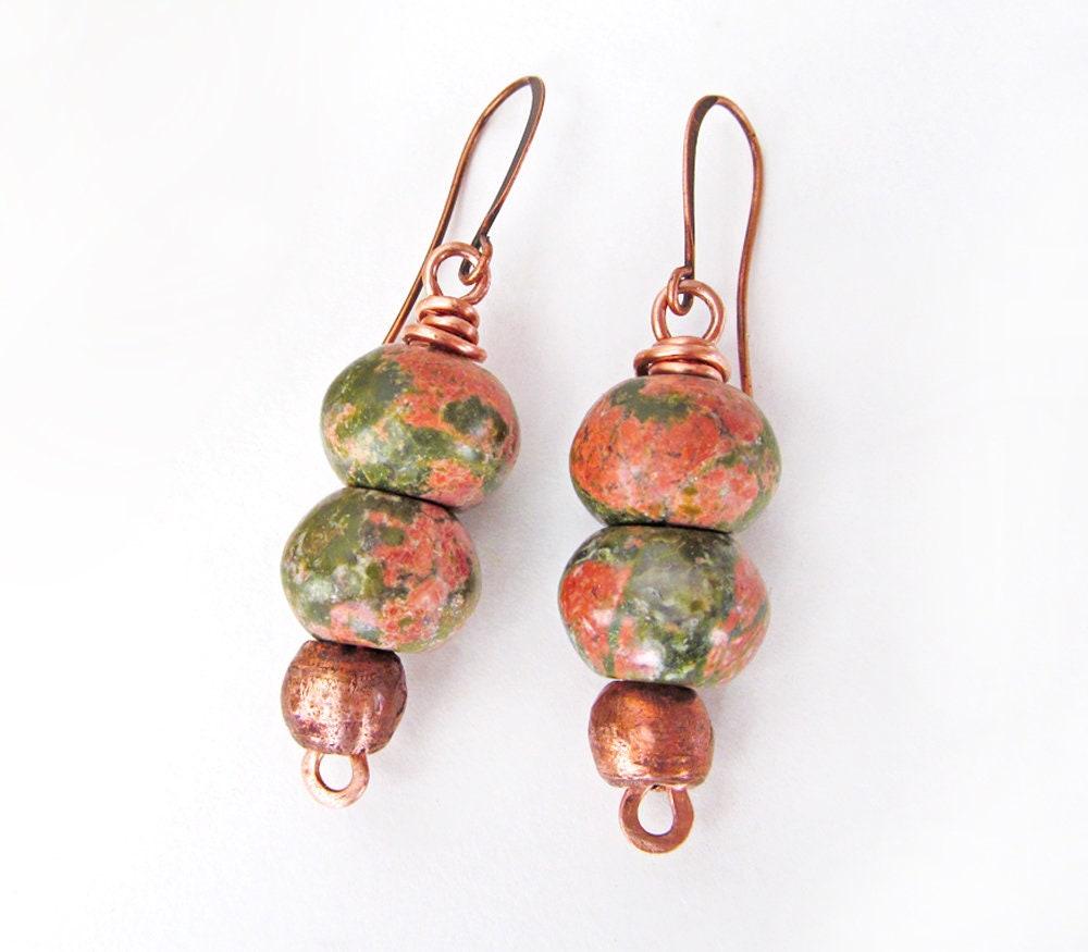 Unakite Stone Earrings with Copper Beads - Handmade Earthy Natural Stone Jewelry