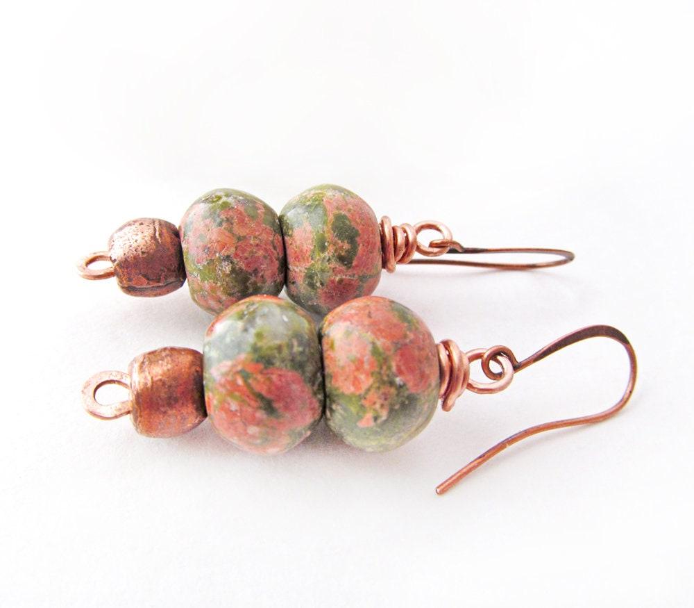 Unakite Stone Earrings with Copper Beads - Handmade Earthy Natural Stone Jewelry