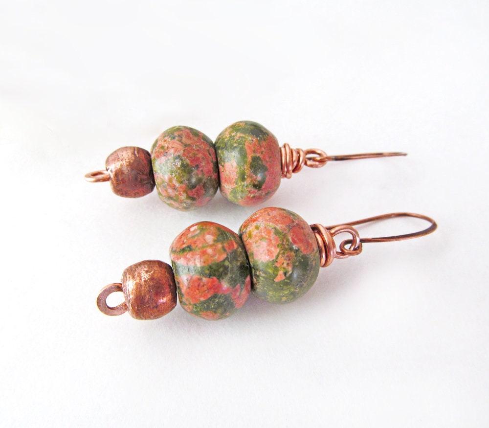 Unakite Stone Earrings with Copper Beads - Handmade Earthy Natural Stone Jewelry