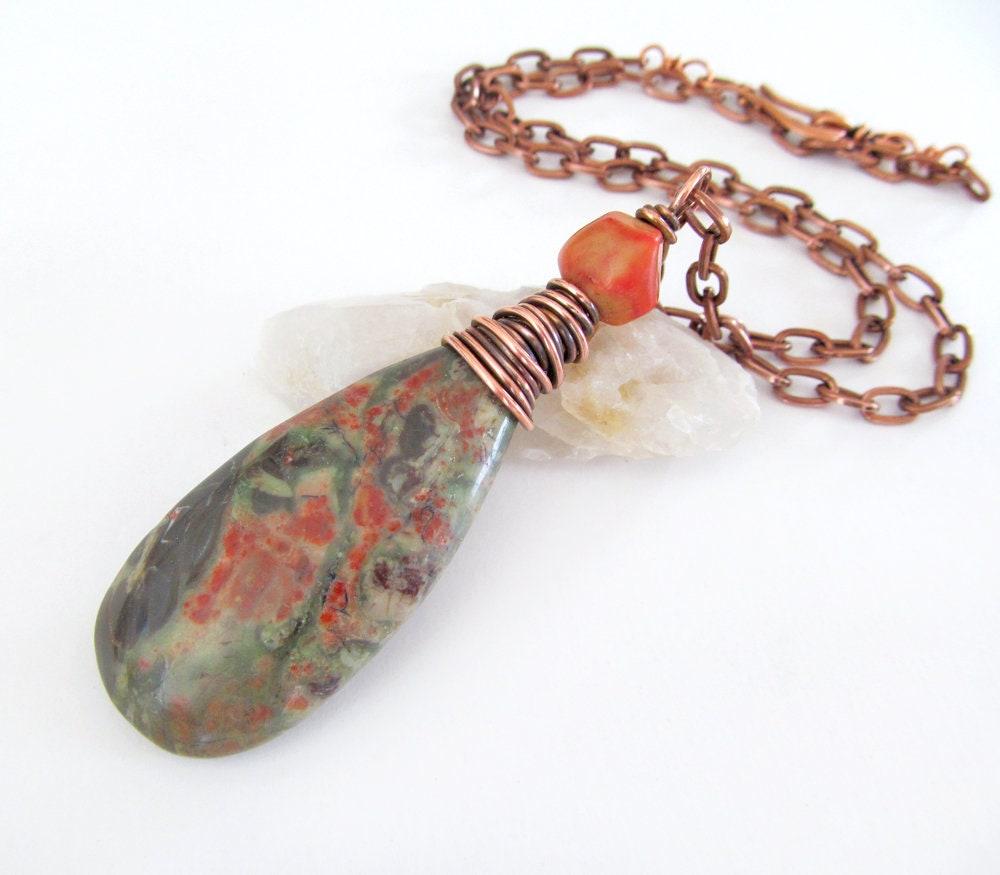 Rhyolite Jasper Pendant Necklace with Coral on Copper Chain - Earthy Wire Wrapped Stone Jewelry