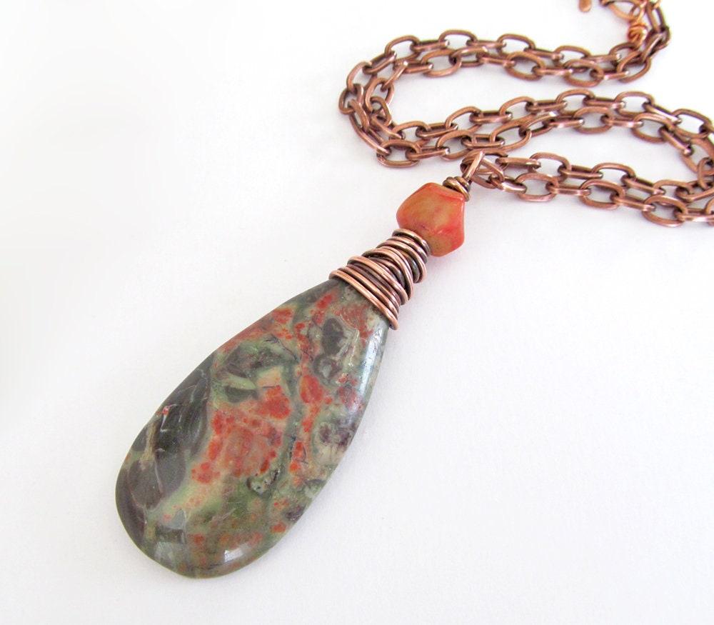 Rhyolite Jasper Pendant Necklace with Coral on Copper Chain - Earthy Wire Wrapped Stone Jewelry