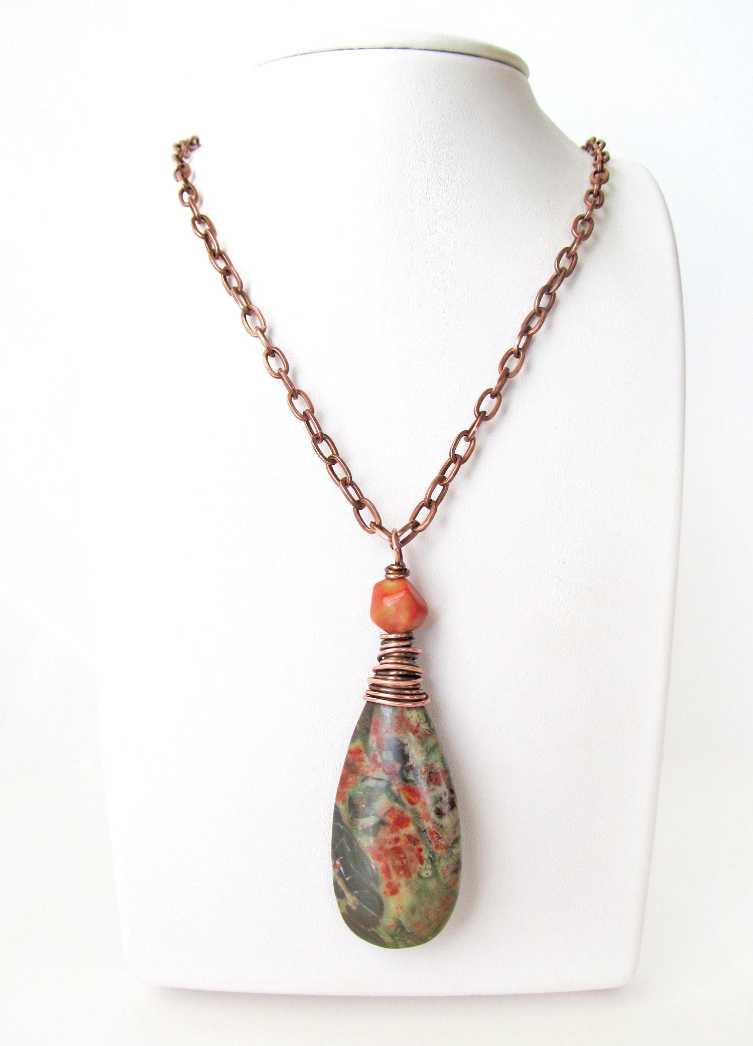 Rhyolite Jasper Pendant Necklace with Coral on Copper Chain - Earthy Wire Wrapped Stone Jewelry