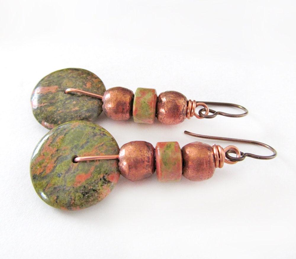 Unakite Gemstone Earrings with Copper Beads - Earthy Boho Style Natural Stone Jewelry