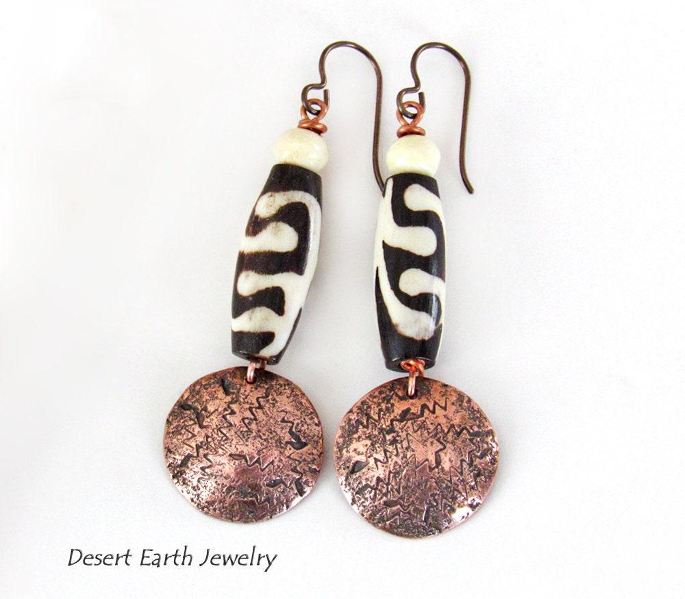 Copper Dangle Earrings with African Batik Bone Beads - Handmade Ethnic Boho Tribal Jewelry