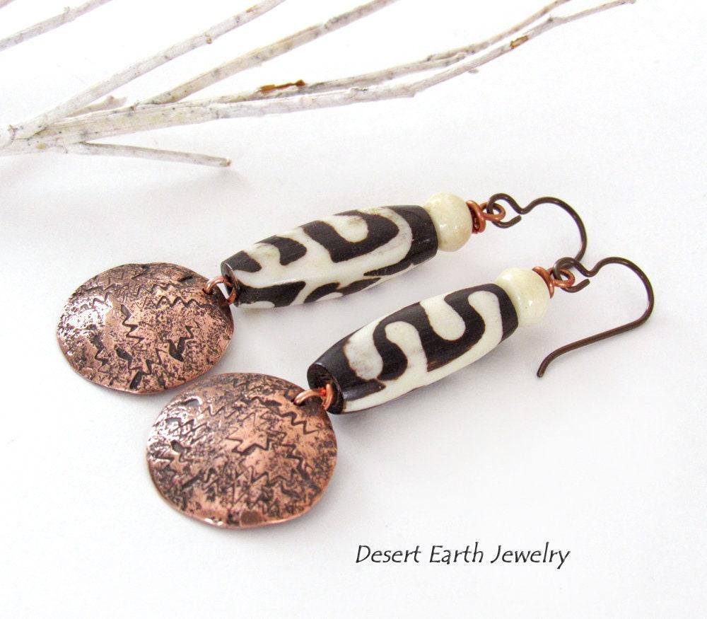 Copper Dangle Earrings with African Batik Bone Beads - Handmade Ethnic Boho Tribal Jewelry