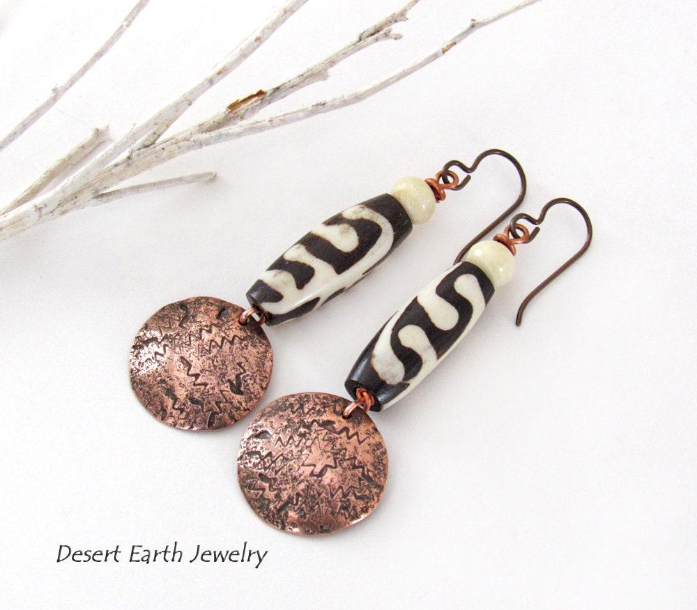 Copper Dangle Earrings with African Batik Bone Beads - Handmade Ethnic Boho Tribal Jewelry