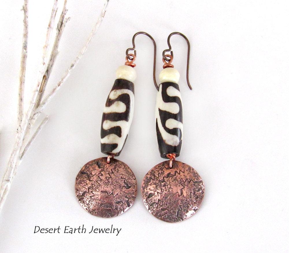 Copper Dangle Earrings with African Batik Bone Beads - Handmade Ethnic Boho Tribal Jewelry