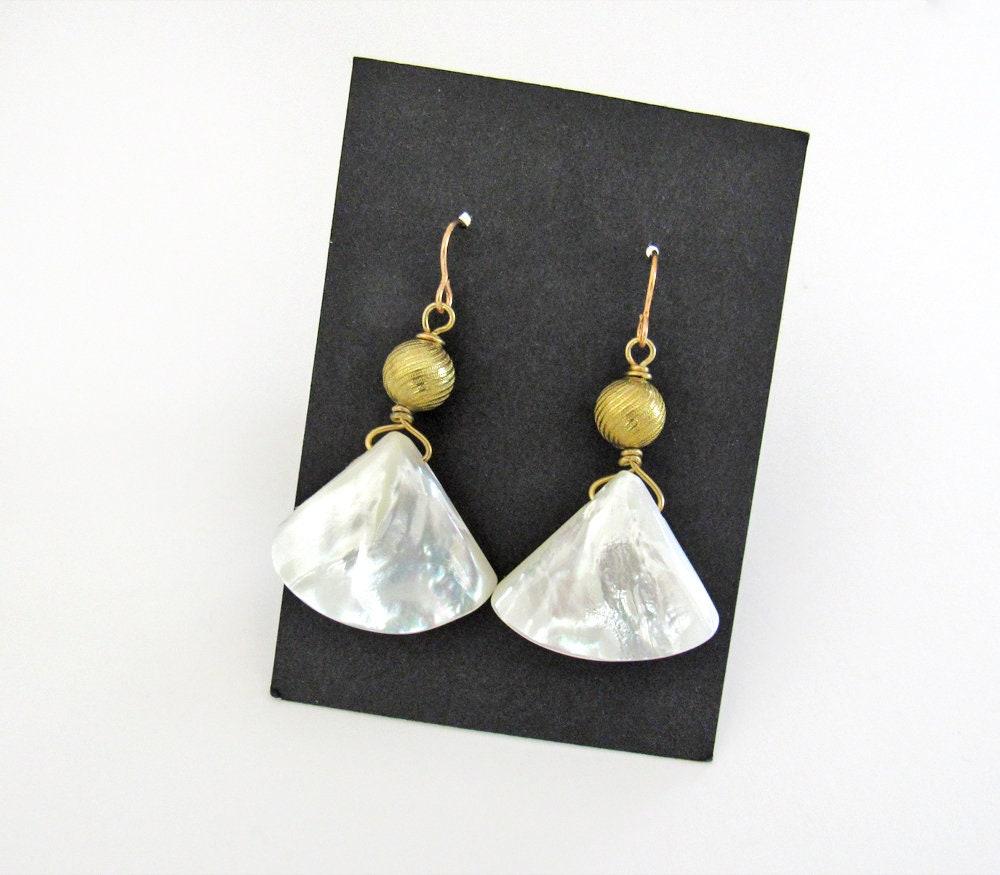 Mother of Pearl Dangle Earrings with Gold Brass Beads - June Birthstone Jewelry