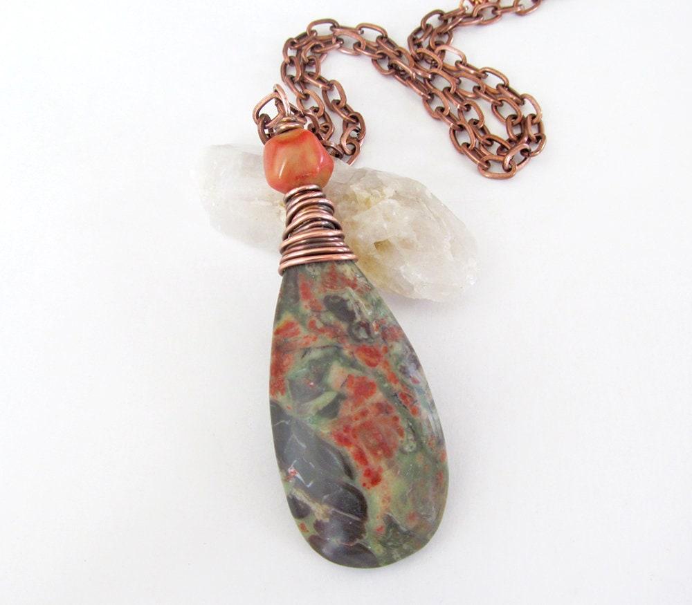 Rhyolite Jasper Pendant Necklace with Coral on Copper Chain - Earthy Wire Wrapped Stone Jewelry