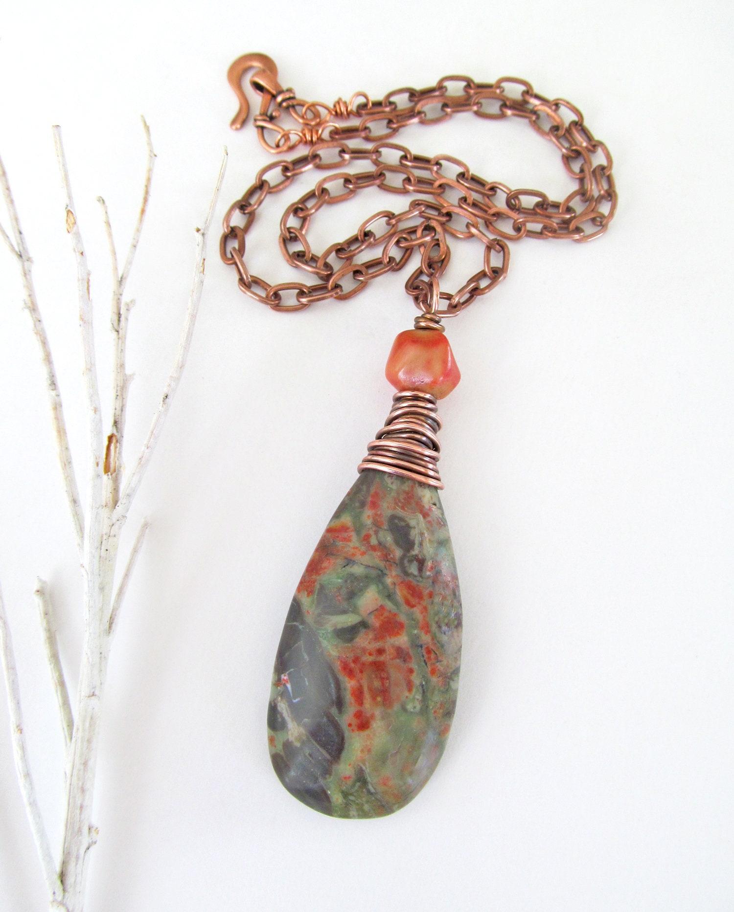 Rhyolite Jasper Pendant Necklace with Coral on Copper Chain - Earthy Wire Wrapped Stone Jewelry