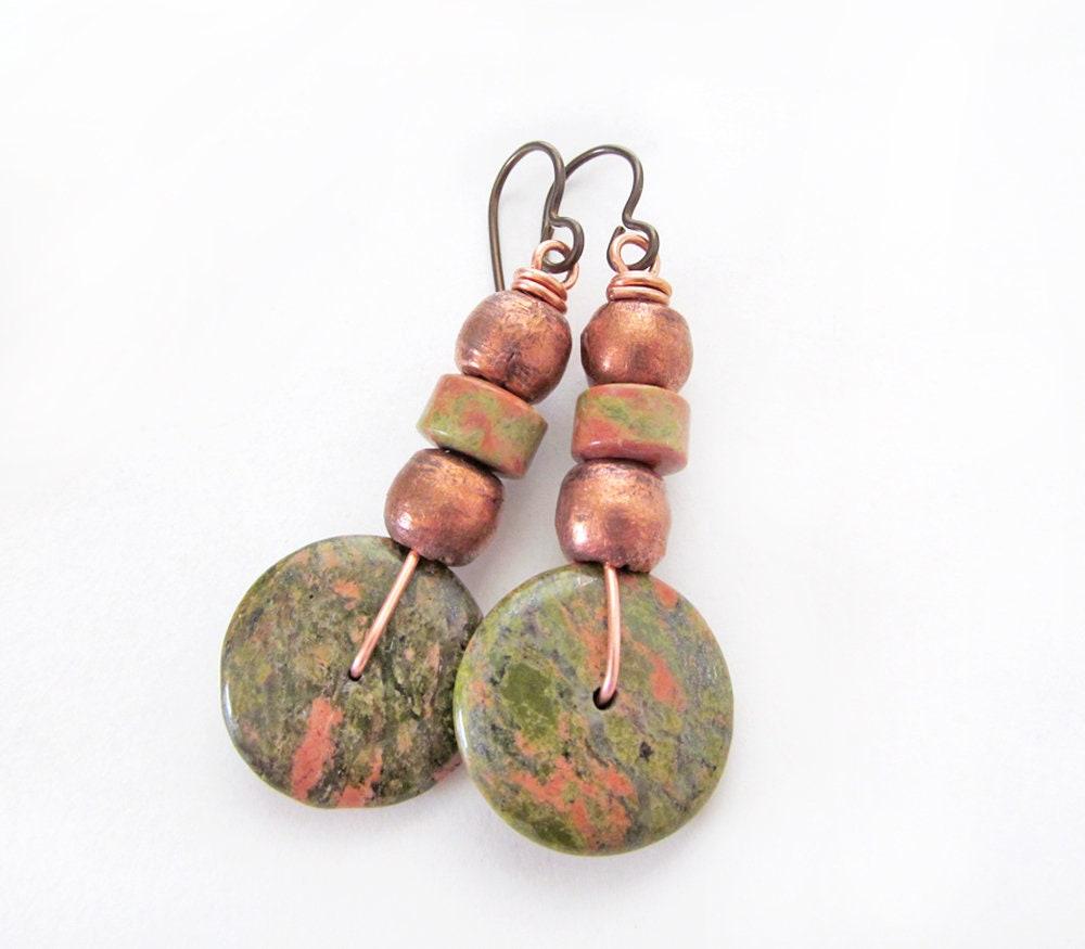 Unakite Gemstone Earrings with Copper Beads - Earthy Boho Style Natural Stone Jewelry