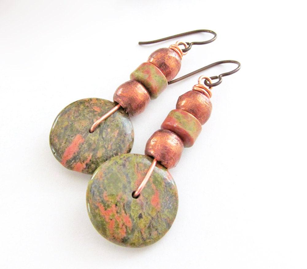 Unakite Gemstone Earrings with Copper Beads - Earthy Boho Style Natural Stone Jewelry
