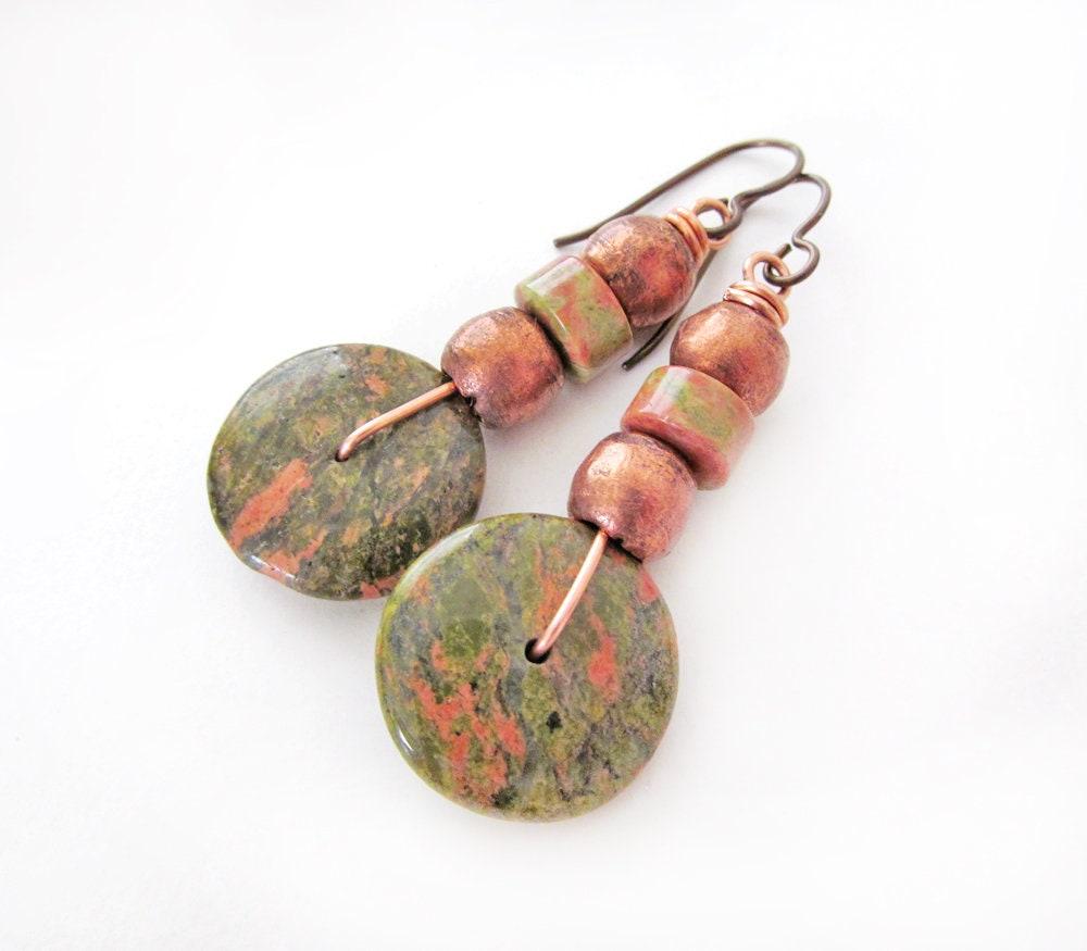 Unakite Gemstone Earrings with Copper Beads - Earthy Boho Style Natural Stone Jewelry