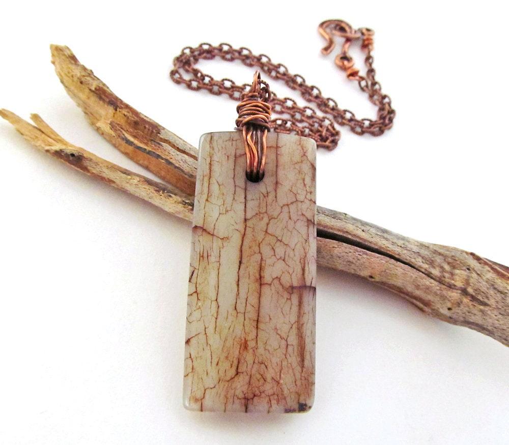 Natural Earthy Rustic Brown Agate Stone Necklace Wire Wrapped in Copper - Unisex Jewelry for Men / Women