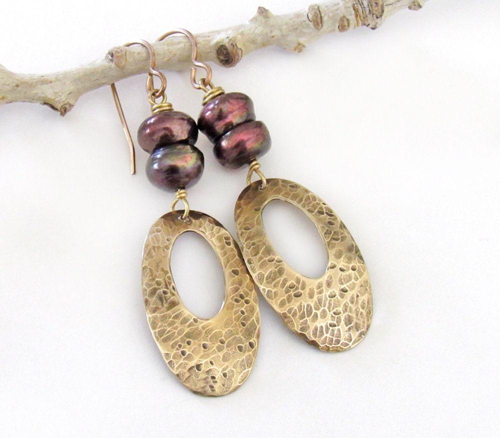 Hammered Gold Brass Oval Dangle Earrings with Bronze Pearls