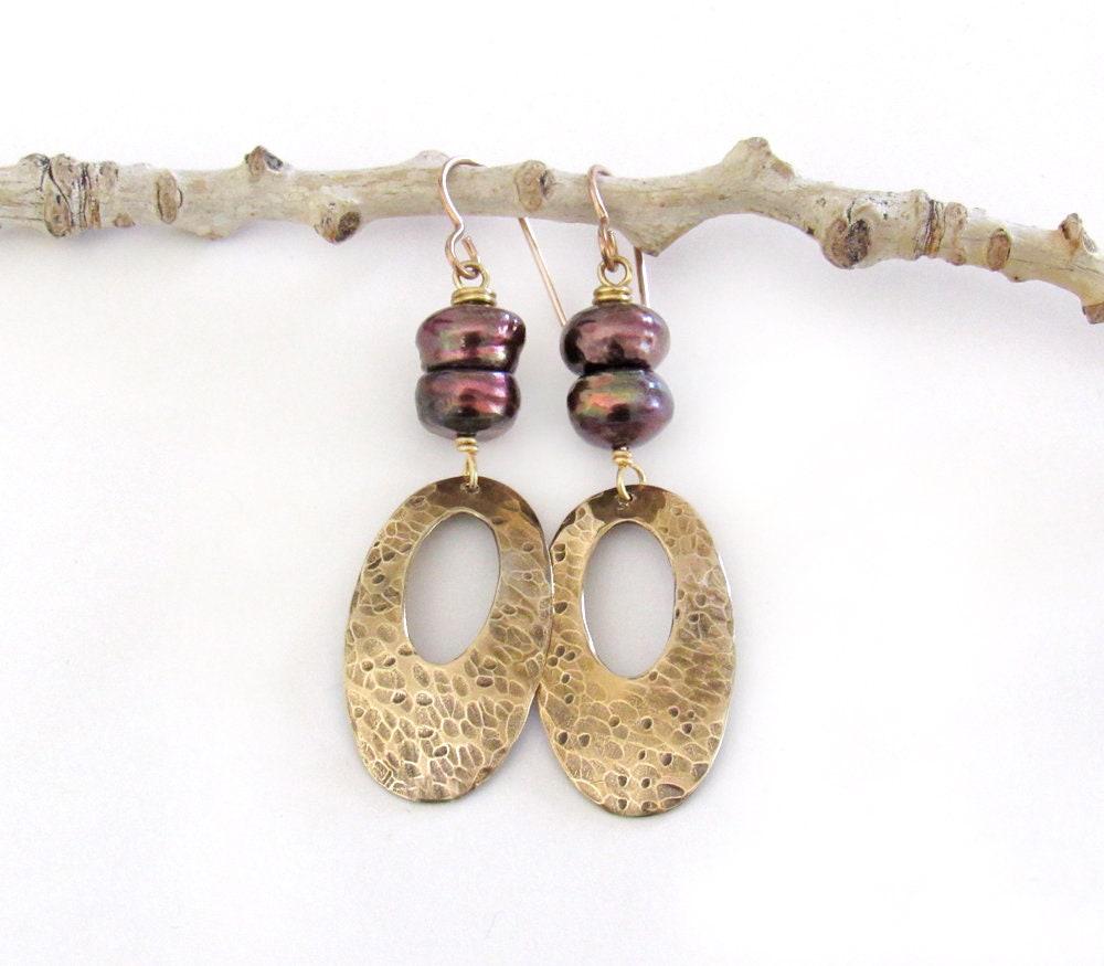 Hammered Gold Brass Oval Dangle Earrings with Bronze Pearls