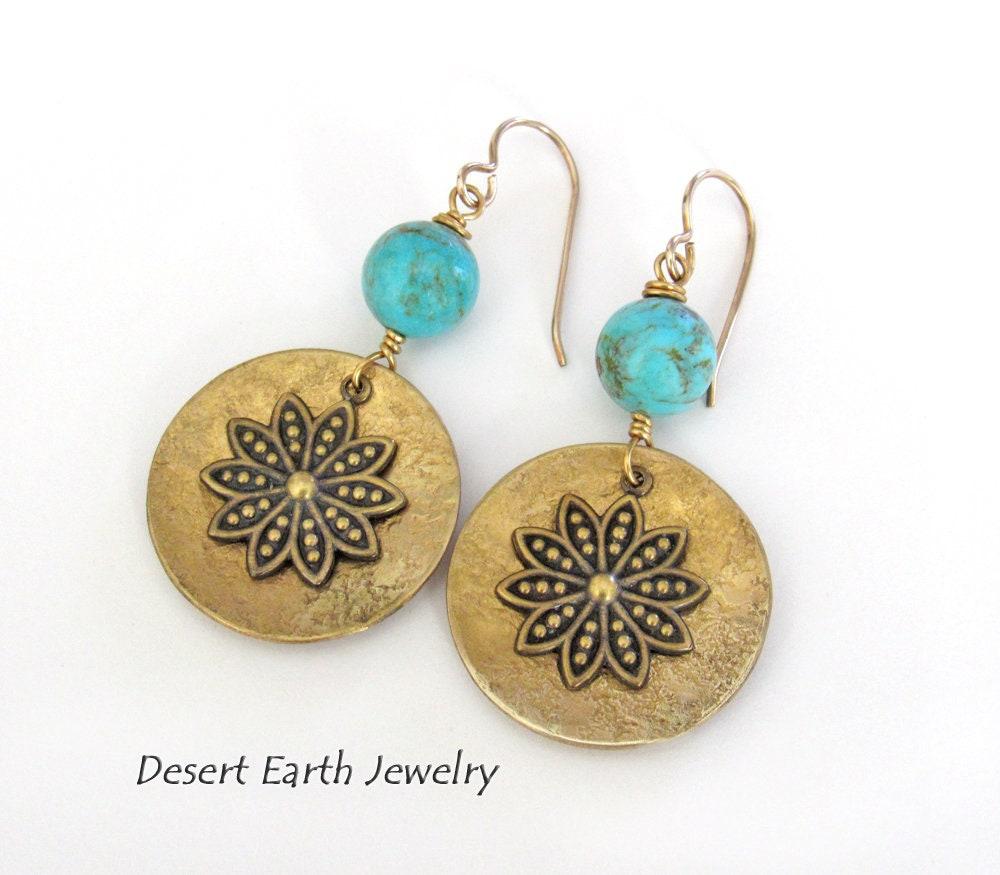 Gold Brass Dangle Earrings with Blue Turquoise Beads & Flower Charms - Gifts for Nature Lovers