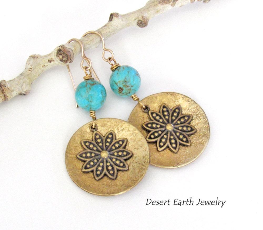 Gold Brass Dangle Earrings with Blue Turquoise Beads & Flower Charms - Gifts for Nature Lovers