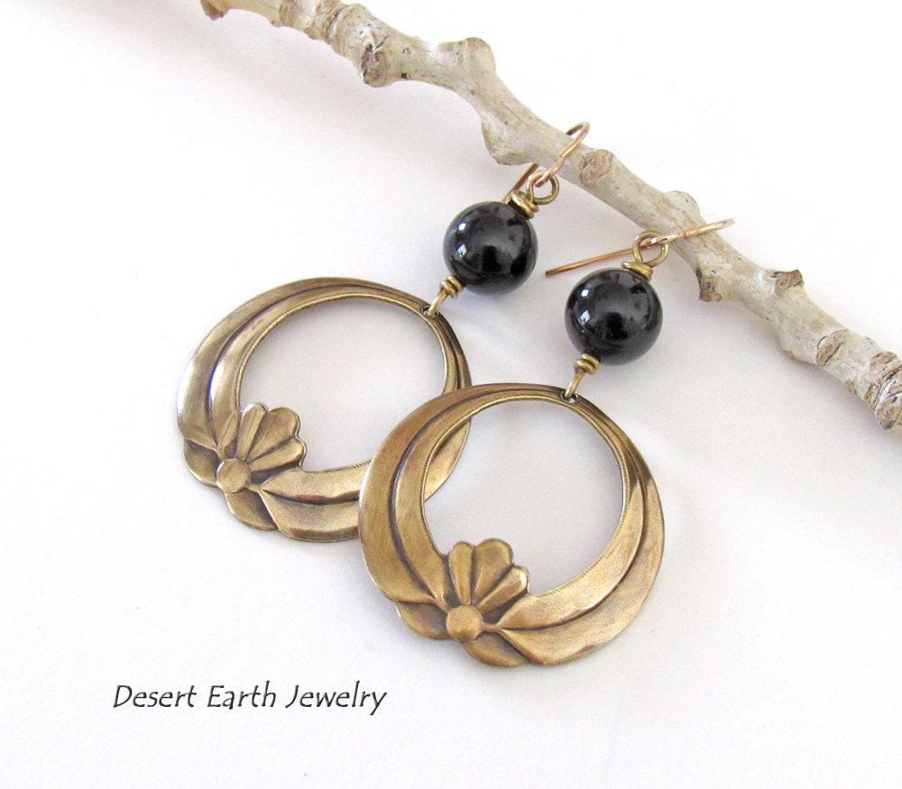 Gold Brass Lotus Dangle Earrings with Black Onyx Gemstones