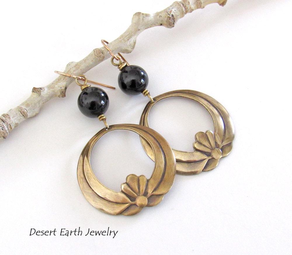 Gold Brass Lotus Dangle Earrings with Black Onyx Gemstones