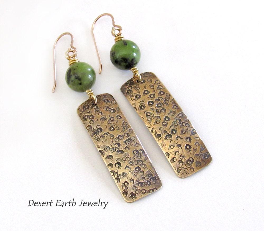 Hand Stamped Gold Brass Rectangle Earrings with Green Jade Gemstones - Artisan Handmade Metalwork Jewelry