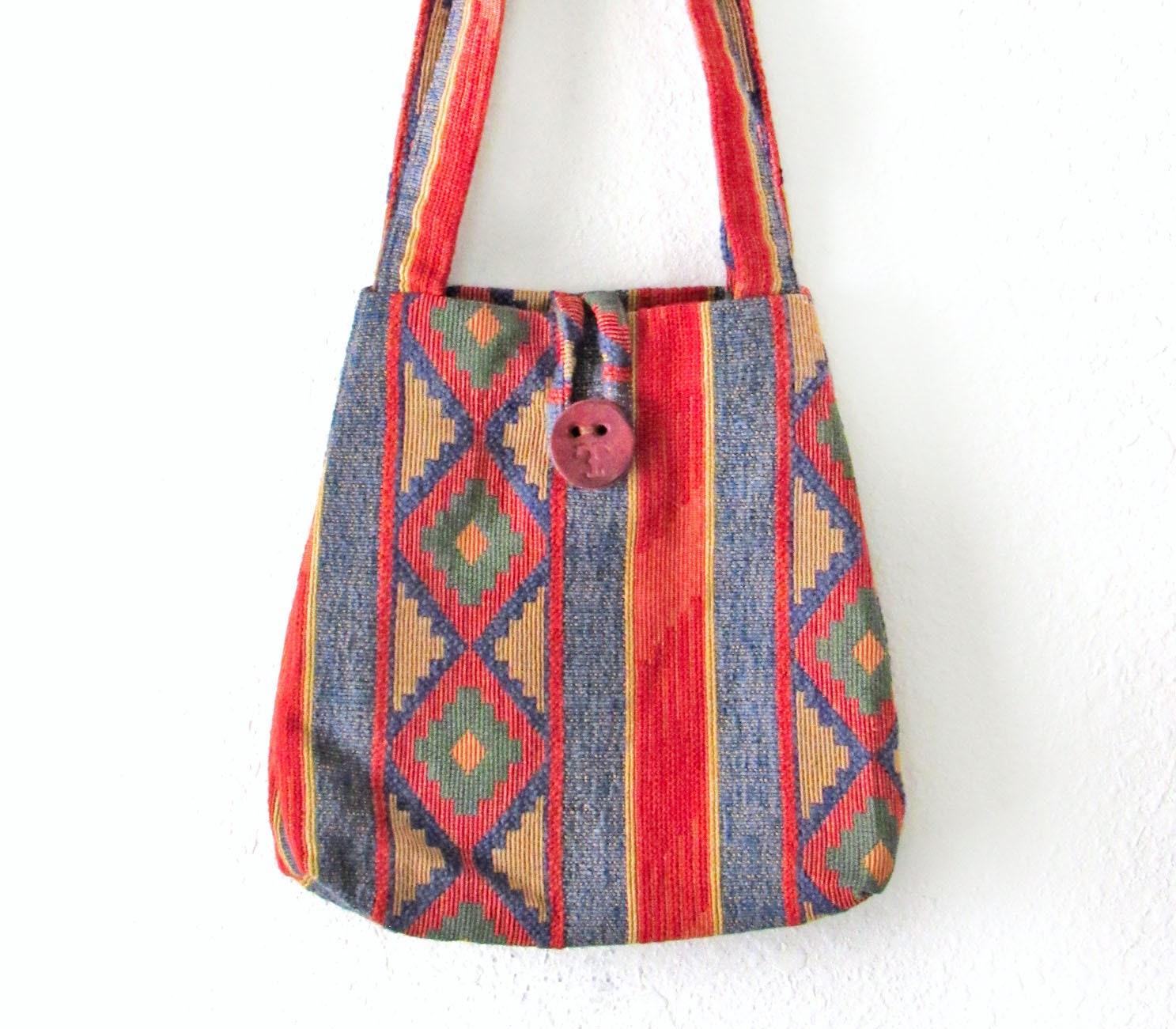 Bright Colorful Southwestern Aztec Print Tapestry Handbag Tote Bag - Vintage Boho Fashion