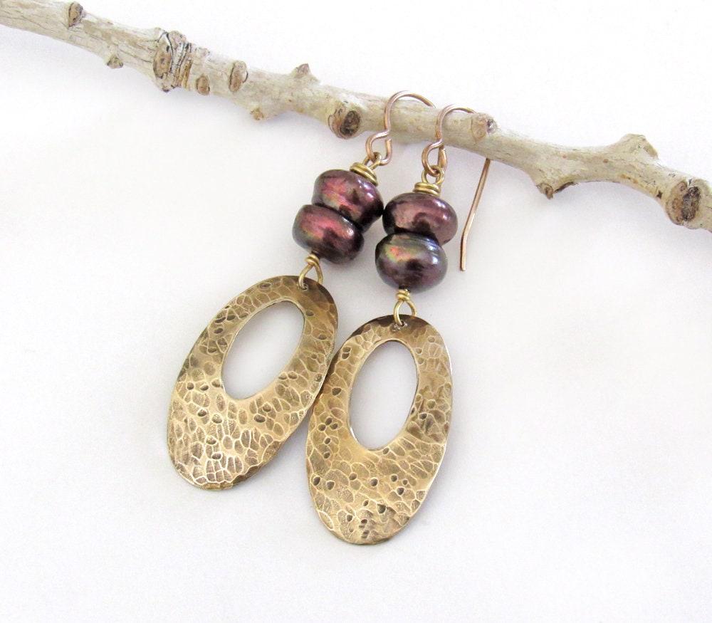 Hammered Gold Brass Oval Dangle Earrings with Bronze Pearls