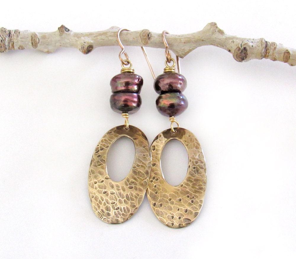 Hammered Gold Brass Oval Dangle Earrings with Bronze Pearls