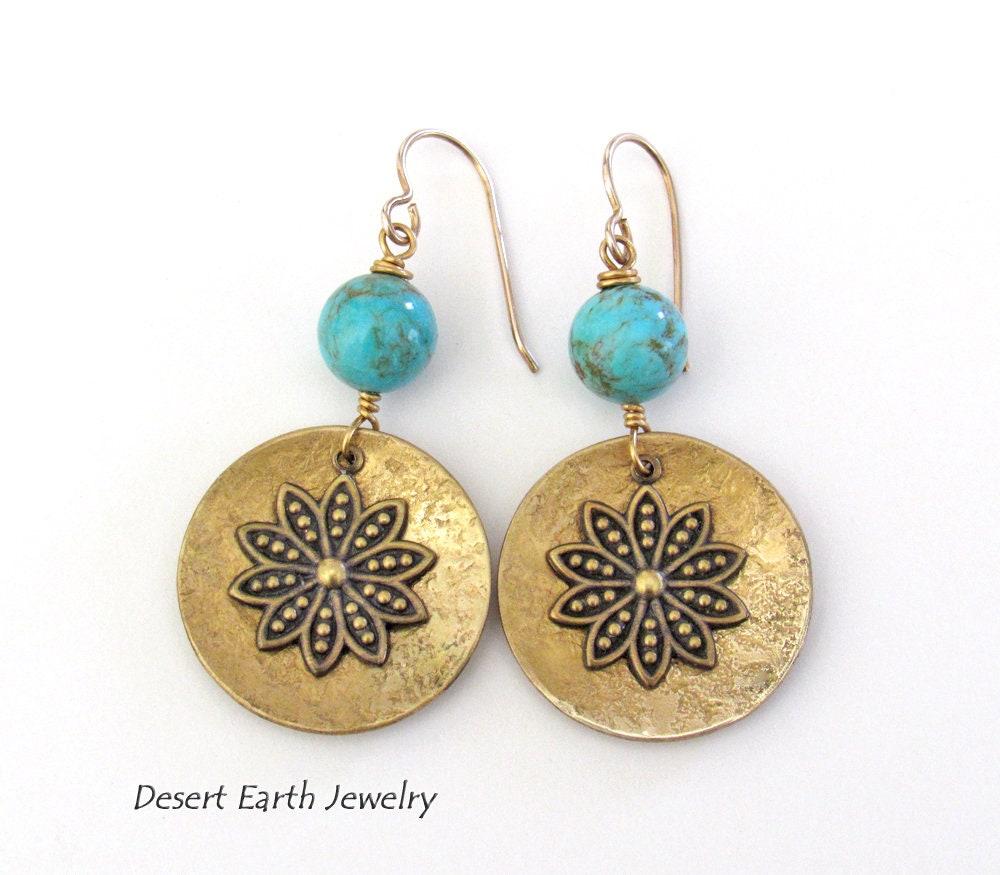 Gold Brass Dangle Earrings with Blue Turquoise Beads & Flower Charms - Gifts for Nature Lovers